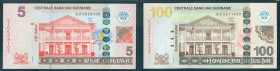 Suriname - Central Bank series; 5-100 dollar 1-4-2012 (p. 162-166 / PLSD2.1b.R-2.5c.R) 2 pcs UNC, both RARE Replacements.