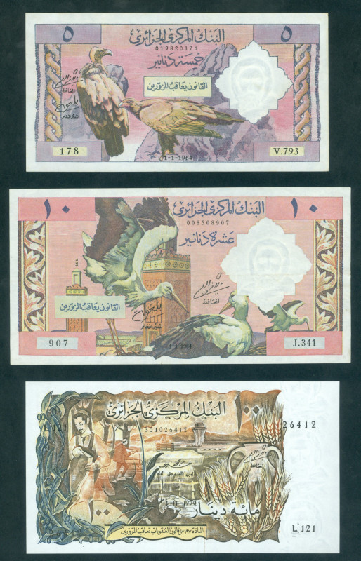 Algeria - 5, 10 Dinars 1.1.1964, 100 Dinars 1.11.1970 (P. 122a, 123a, 128a) - XF...