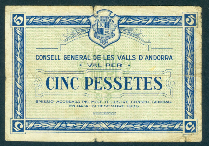 Andorra - 5 Pesetas 19.12.1936 1st Issue (P. 3) - No. 03362- small tears in marg...