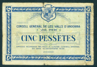 Andorra - 5 Pesetas 19.12.1936 1st Issue (P. 3) - No. 03362- small tears in margins - VG