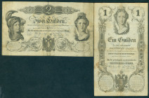 Austria - 1 Gulden 1.7.1848 + 2 Gulden 1.7.1848 (P. A81, A82) - tape repair on back - F - Total 2 pcs.