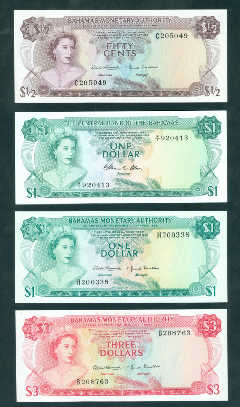 Bahamas - ½ + 1 + 3 Dollars L. 1968 + 1 Dollar L. 1974 (P. 26a, 27a, 28a, 35b) -...