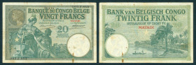 Belgian Congo - 20 Francs 26.4.1914 Matadi - Ceres + 2 women with hammer and elephant tusk (P. 10d) - wmk. elephant's head - pinholes/stains - F/VF