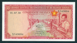 Belgian Congo - 50 Francs 01.07.1959 Workers at weaving machinery (P. 32) - UNC