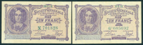 Belgium - 1 Franc 28.7.1915 + 1 Franc 8.9.1916 (P. 86a-86b / Ros. 433) - a.UNC + XF / Total 2 pcs.