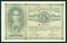 Belgium - 5 Francs 11.7.1917 Portrait Queen Louise-Marie at left (P. 88 / Ros. 435) - VF/XF
