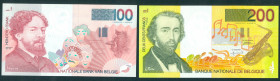 Belgium - 100 francs ND (1995-2001) Pick 147a, red violet and black, James Ensor at left, sign new + 200 francs ND (1995) Pick 148a, black and brown o...