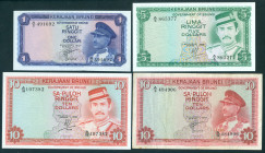 Brunei - 1 & 10 Ringit 1967, 5 & 10 Ringit 1986 (P. 1a, 3a, 7b, 8b) - P. 3a is a.VF, the other notes UNC