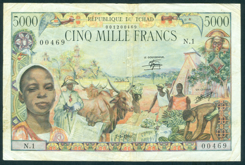 Chad - 5000 Francs 1.1.1980 Girl at left + village scene / Airplane, tractor + m...