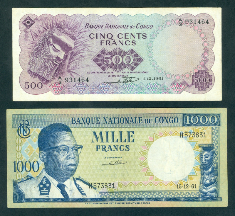 Congo - Democratic Republic - 500 Francs 1.12.61 & 1000 Francs 15.12.61 (P. 7a, ...