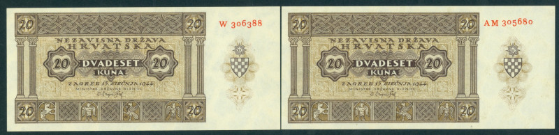 Croatia - 20 Kuna 1944 (P. 9a + P. 9b) - single + double prefix - Total 2 pcs. i...