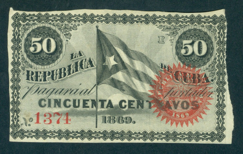 Cuba - 50 centavos 1869 Flag at center (P. 54) - a.UNC