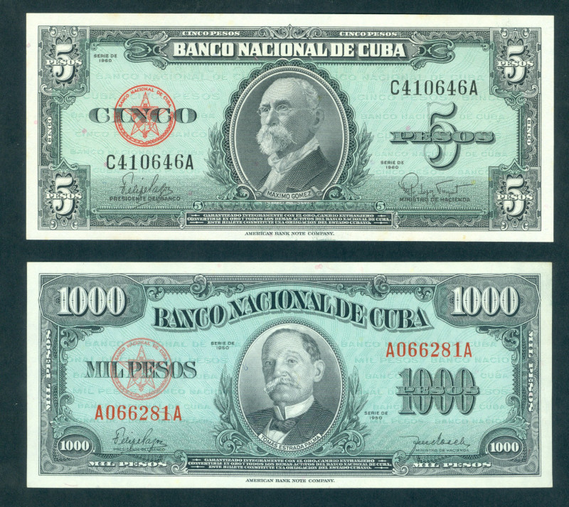 Cuba - 1000 Pesos 1950 T. Estrada Palma (P. 84) - a.UNC + 5 Pesos 1960 Gomez (P....