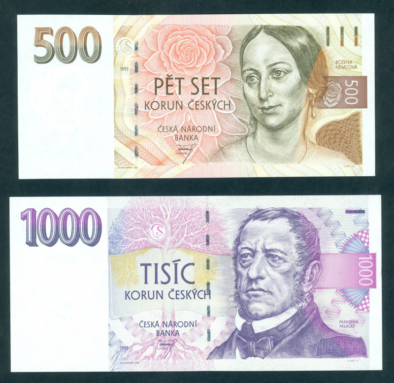 Czech Republic - 500 + 1000 Korun 1993 (P. 7a-8a) - UNC / Total 2 pcs.