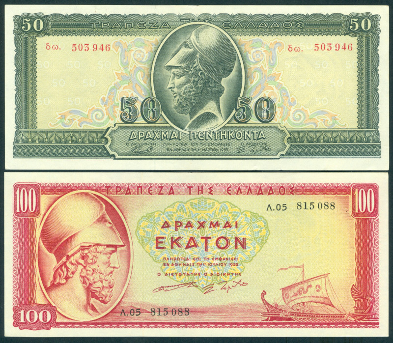 Greece - 50 Drachmai 1.3.1955 (P. 191a) + 100 drachmai 1.7.1955 Themistocles + G...