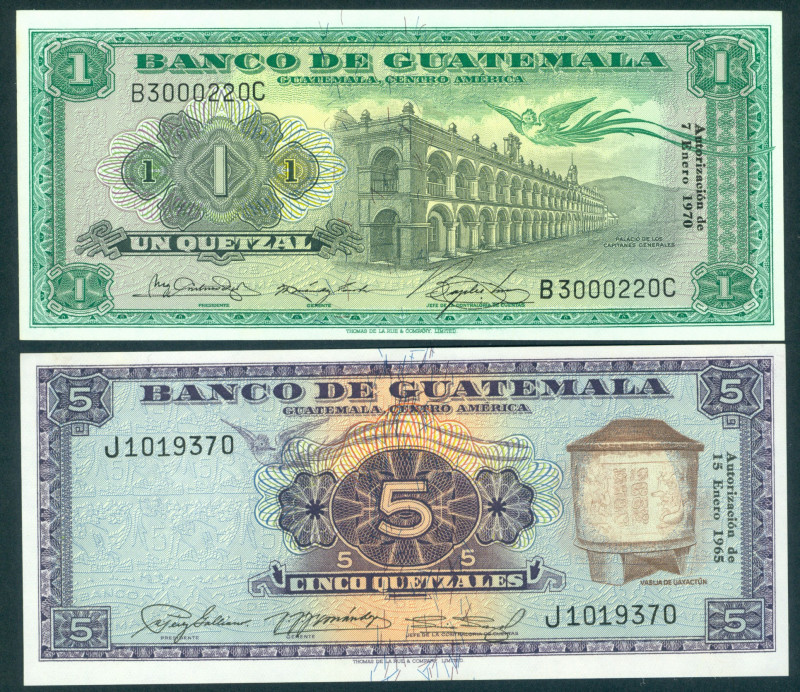 Guatemala - 1 Quetzal 7.1.1970 + 5 Quetzal 15.1.1965 (P. 52-53) - UNC / Total 2 ...