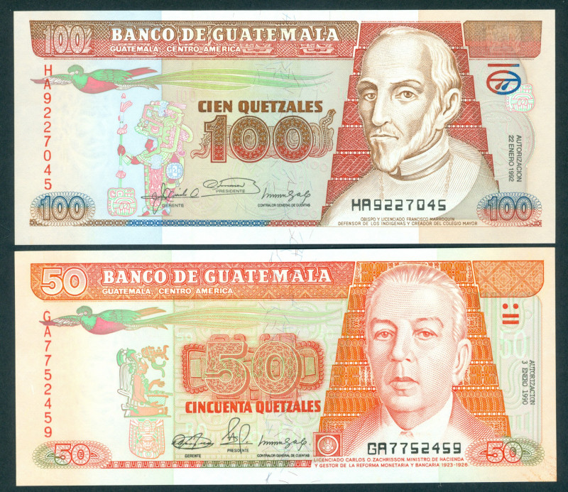 Guatemala - 50 Quetzales 3.1.1990 + 100 Quetzales 22.1.1992 (P. 77b + 78c) - UNC...