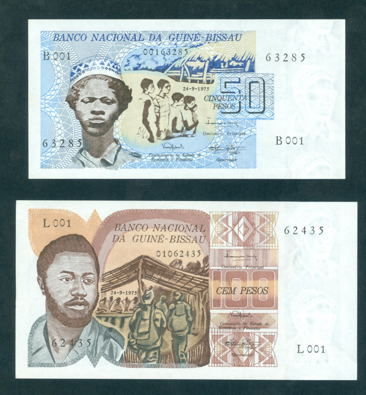 Guine Bissau - 50 + 100 Pesos 24.9.1975 (P. 1-2) - Total 2 pcs. in a.UNC/UNC