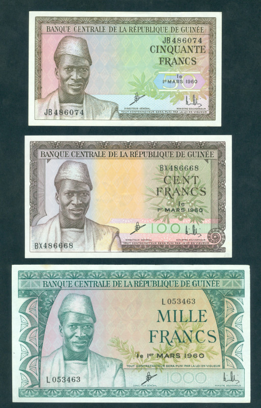 Guinea - 50, 100 + 1000 Francs 1.3.1960 Portrait Pres. Sekou Toure at left (P. 1...