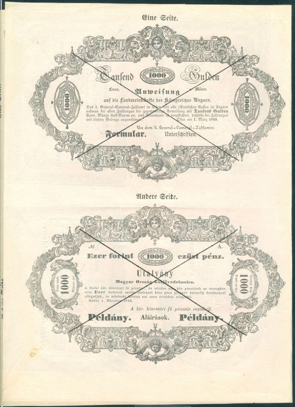 Hungary - Sheet 'Formulare' 1, 2, 5, 10, 100 + 1000 Gulden / Forint 1.3.1849 Alm...