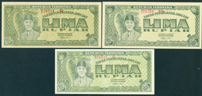 Indonesia - 5 Rupiah 1.1.1947 (P. 21 / H-198 a/b/c) - 3 varieties series - XF/UN...