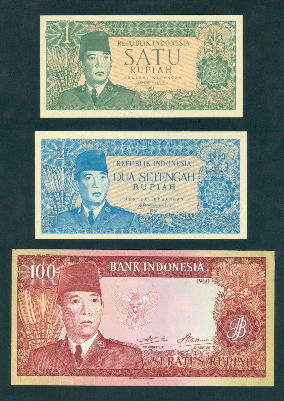 Indonesia - 1 + 2½ Rupiah 1961 Soekarno (P. 79A-79B) - UNC + 100 Rupiah 1960 Soe...