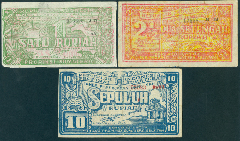 Indonesia - South Sumatra - 1, 2½ + 10 Rupiah 1.1.1948 (P. S201-203 / H-543-545)...