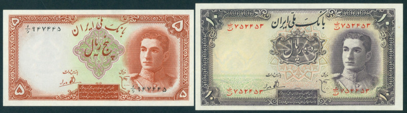 Iran - 5 Rials ND (1944) Shah Pahlavi (P. 39) - UNC + 10 Rials ND (1944) Shah Pa...