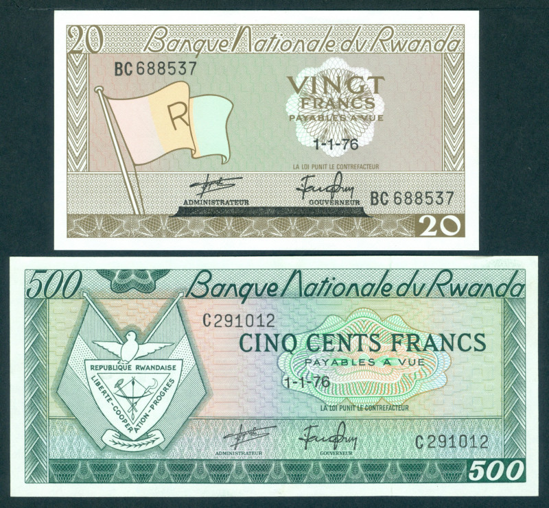 Rwanda - 20 + 500 Francs 1.1.1976 (P. 6a + 9b) - UNC + a.UNC / Total 2 pcs.