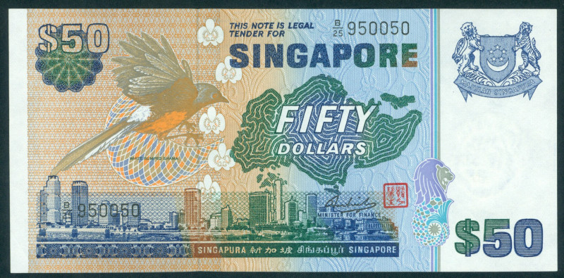 Singapore - 50 Dollars ND (1976) White rumped shama + city skyline (P. 13a) - UN...