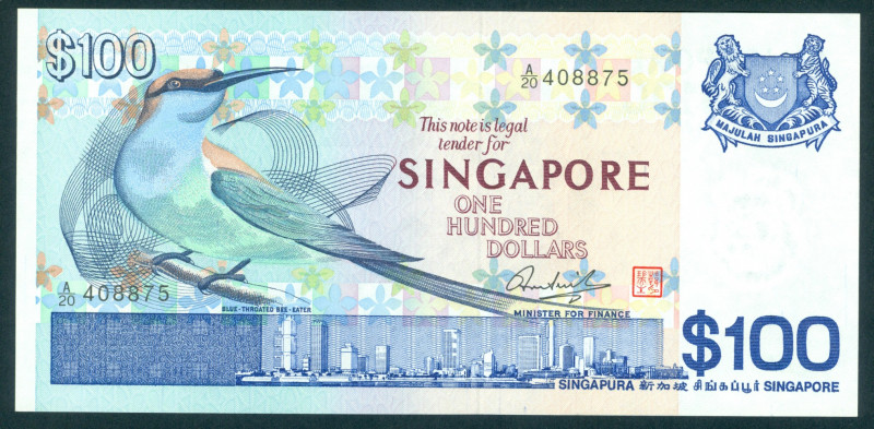 Singapore - 100 Dollars ND (1977) Blue-throated bee eater + city skyline (P. 14)...