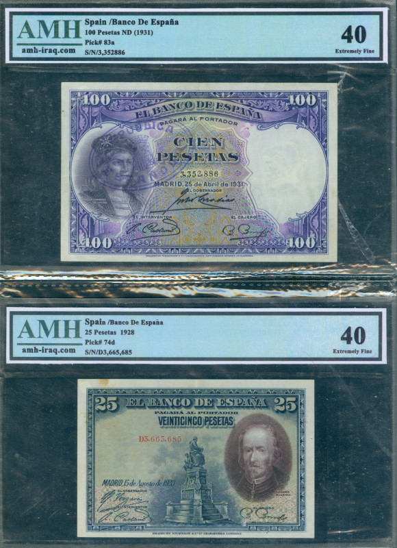 Spain - 100 Pesetas 1925 (P. 69c) - AMH slab Choice VF 35 + 25 Pesetas 1928 (P. ...