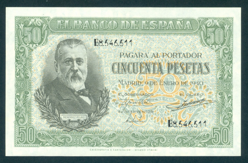 Spain - 50 Pesetas 9.1.1940 Menendez Pelayo (P. 117a) - a.UNC