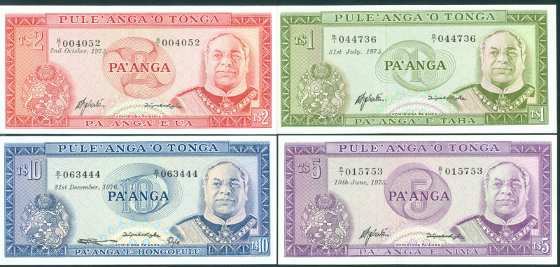 Tonga - 1, 2, 5 + 10 Pa'anga 1974, 1975 + 1976 King Taufa'ahau at right (P. 19b,...