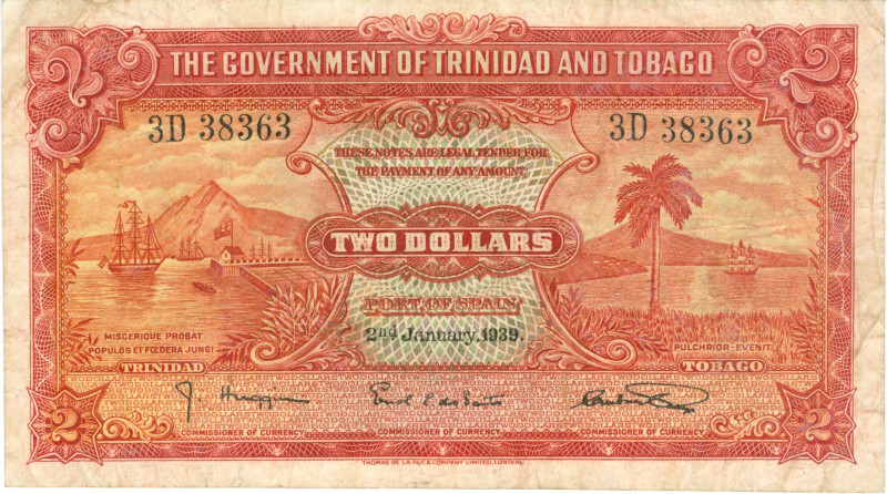 Trinidad & Tobago - 2 Dollars 2.1.1939 Sailingship in harbor (P. 6b) - Port of S...