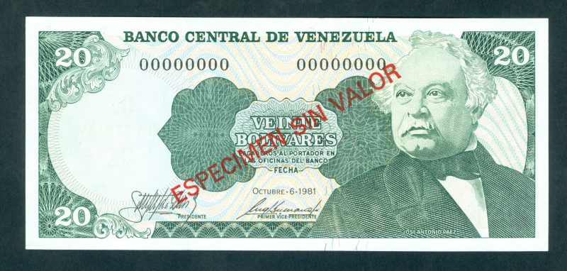 Wordl Banknotes - Venezuela - 20 Bolivares 6.10.1981 - red overprint Especimen S...