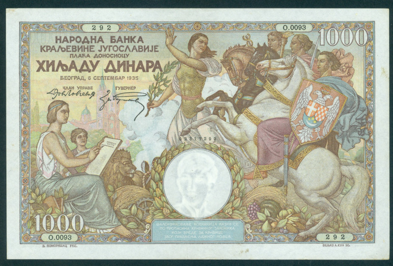 Yugoslavia - 1000 Dinara 6.9.1935 Group of 6 people, 3 horses + lion / Bridge ov...