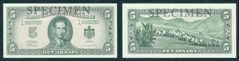 Yugoslavia - 5 Dinara ND (1943) King Peter II SPECIMEN (P. 35As) - serie 1A 0000...