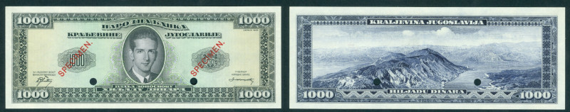 Yugoslavia - 1000 Dinara ND (1943) King Peter II SPECIMEN (P. 35Fs) - 2 punch ho...