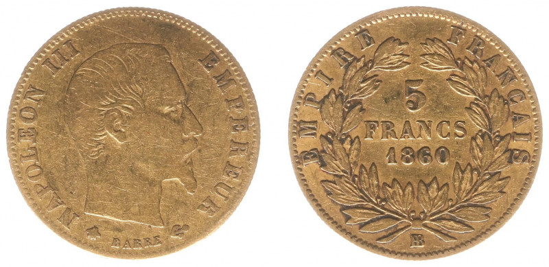 Frankrijk - 5 Francs 1860-BB (KM787.2, Gad.1001, Fr.579) - Gold - F/VF