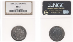 Algeria - Republic - Dinar AH1383/1964 (KM100) - Obv: Large arms / Rev: Large value - NGC PF63, rare coin in this grade