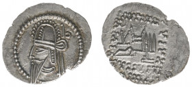 Arabian Empires - Parthia - Vologases VI (AD 208-228) - AR drachm (3.46 g.), Bust with long pointed beard to left, wearing tiara with earflaps, monogr...