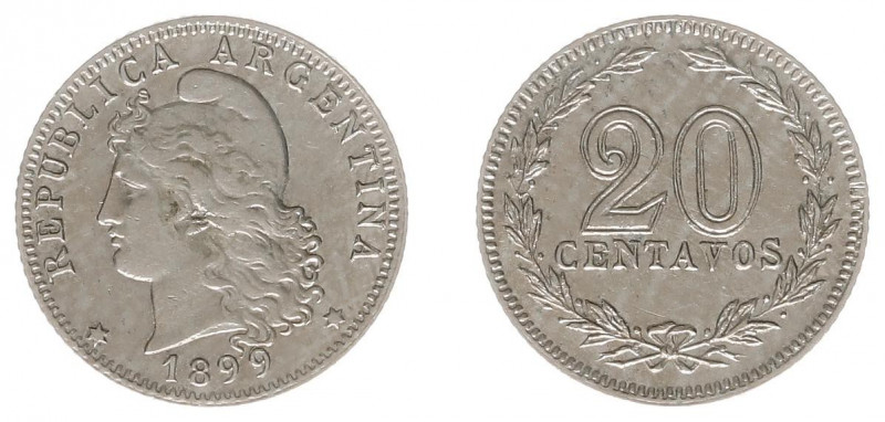 Argentina - Republic - 20 Centavos 1899 (KM36) - Obv: Capped liberty head left /...