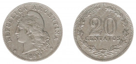 Argentina - Republic - 20 Centavos 1899 (KM36) - Obv: Capped liberty head left / Rev: Value within wreath - XF