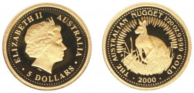 Australia - Elizabeth II (1952- ) - 5 Dollars 2000 - Kangaroo (KM464, Fr.B5) - Obv: Crowned head right / Rev: Kangaroo sitting in grass - Gold - Proof