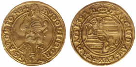 Austria - Empire - Rudolf II (1576-1612) - Ducat 1582, Prague (Fr.Bohemia-12, Hal.294) - Obv: Emperor standing with sceptre and orb / Rev: Crowned arm...