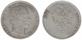 Austria - Empire - Franz Joseph I (1848-1916) - ¼ Gulden (Florin) 1862-E, Karlsburg (KM2214, ANK24, Her.648) - Obv: Laureate head right / Rev: Crowned...