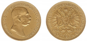 Austria - Empire - Franz Joseph I (1848-1916) - 10 Corona 1908 - 60th Ann. of Reign (KM2810, Her.386, Fr.516) - Obv: Head right / Rev: Crowned double ...
