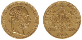Austria - Empire - Franz Joseph I (1848-1916) - 8 Florins 20 Francs 1874 (KM2269, Her.233, Fr.502) - Obv: Laureate head right / Rev: Crowned double he...