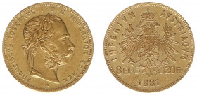 Austria - Empire - Franz Joseph I (1848-1916) - 8 Florins 20 Francs 1881 (KM2269, Her.240, Fr.502) - Obv: Laureate head right / Rev: Crowned double he...
